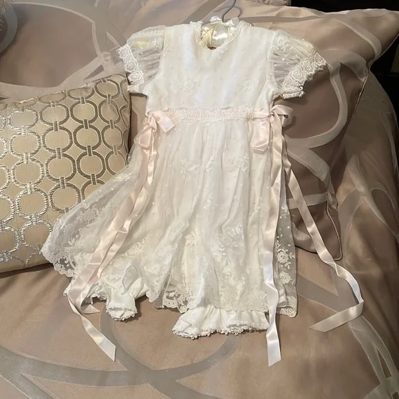 Vintage White baptism dress with booties and headband